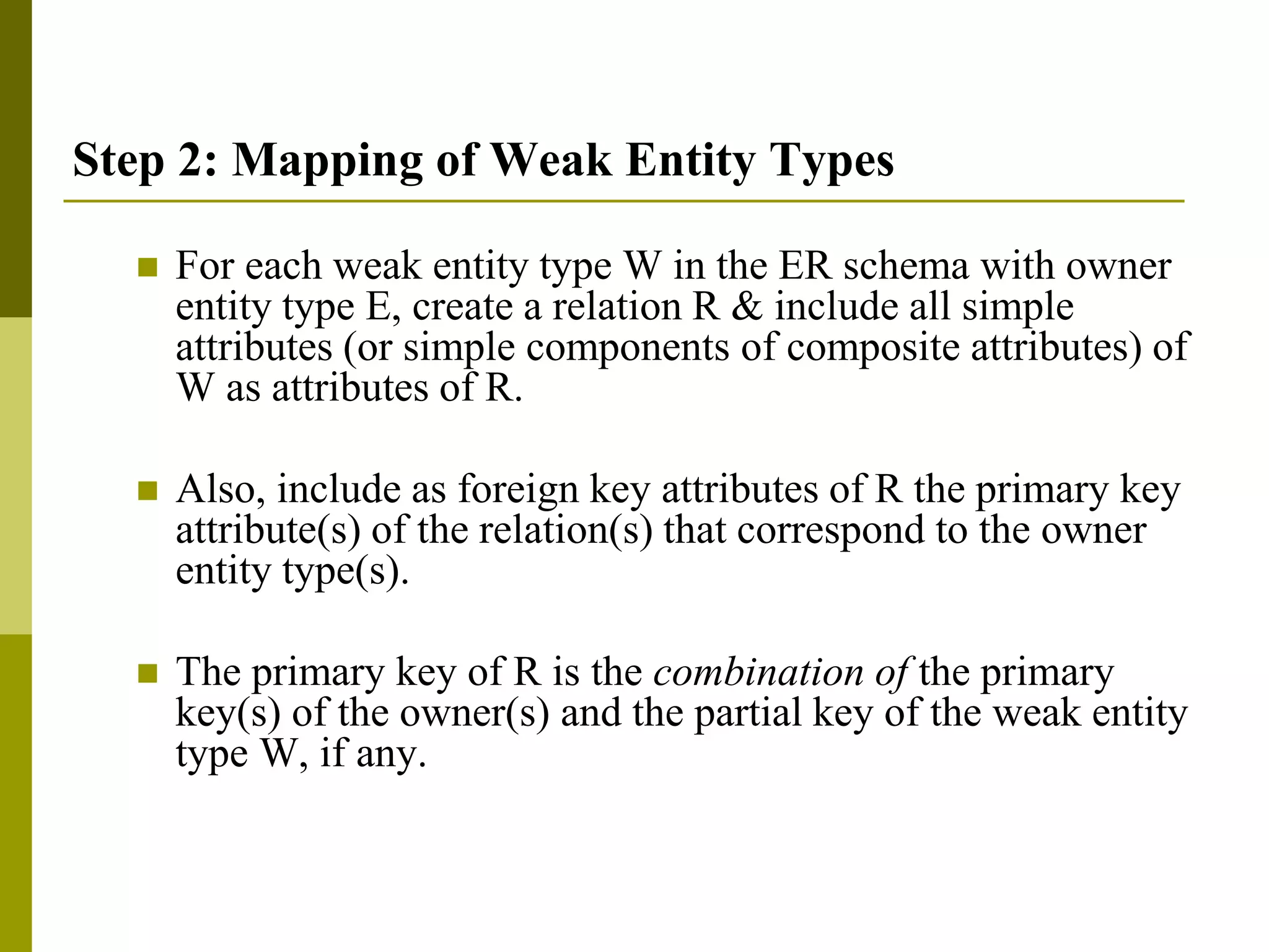 Step 2: Mapping of Weak Entity Types
 For each weak entity type W in the ER schema with owner
entity type E, create a relation R & include all simple
attributes (or simple components of composite attributes) of
W as attributes of R.
 Also, include as foreign key attributes of R the primary key
attribute(s) of the relation(s) that correspond to the owner
entity type(s).
 The primary key of R is the combination of the primary
key(s) of the owner(s) and the partial key of the weak entity
type W, if any.
 