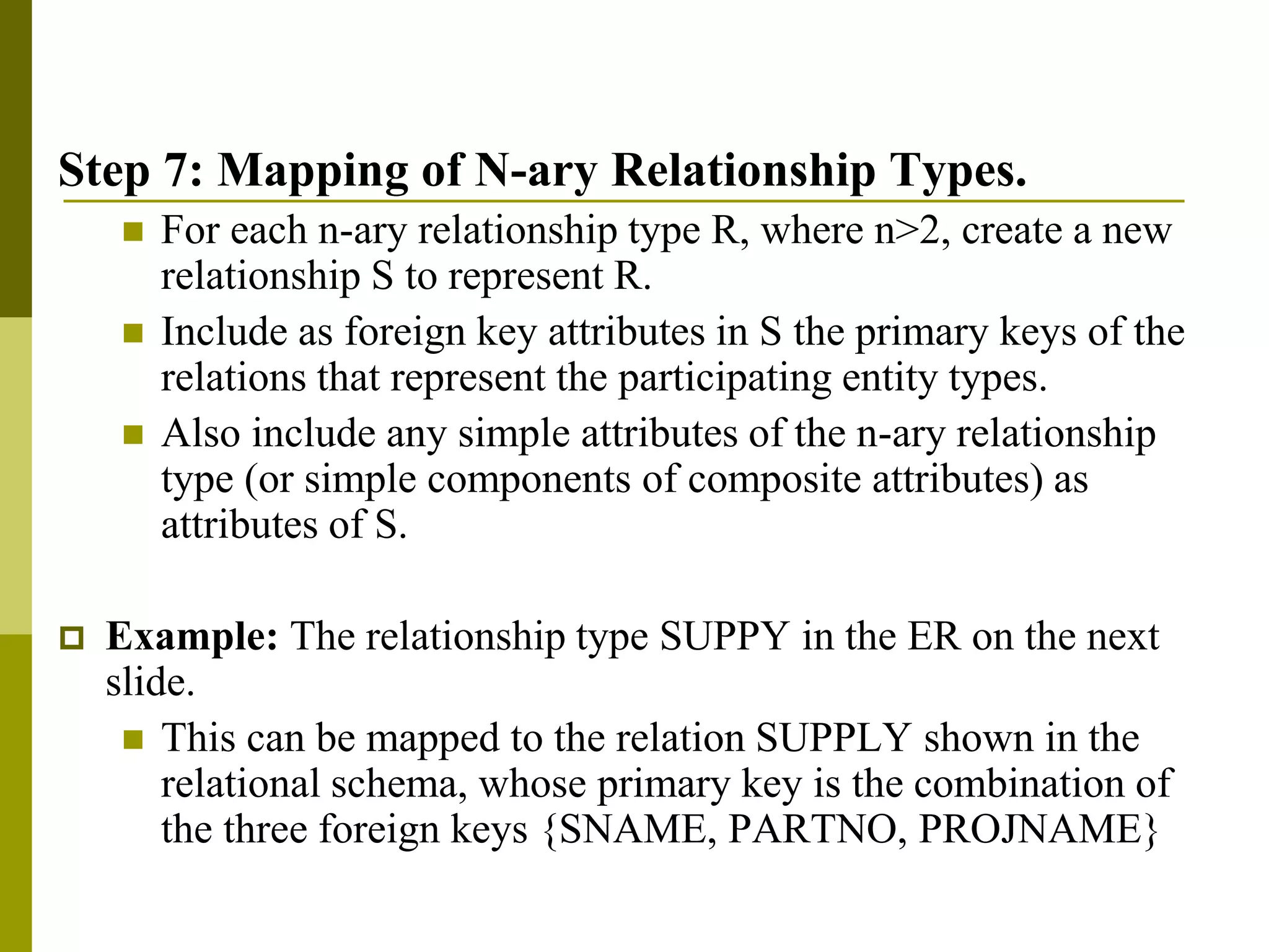 Step 7: Mapping of N-ary Relationship Types.
 For each n-ary relationship type R, where n>2, create a new
relationship S to represent R.
 Include as foreign key attributes in S the primary keys of the
relations that represent the participating entity types.
 Also include any simple attributes of the n-ary relationship
type (or simple components of composite attributes) as
attributes of S.
 Example: The relationship type SUPPY in the ER on the next
slide.
 This can be mapped to the relation SUPPLY shown in the
relational schema, whose primary key is the combination of
the three foreign keys {SNAME, PARTNO, PROJNAME}
 