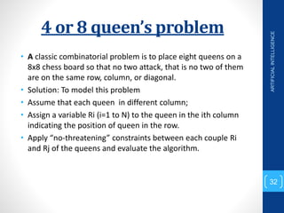 4 or 8 queen’s problem
• A classic combinatorial problem is to place eight queens on a
8x8 chess board so that no two attack, that is no two of them
are on the same row, column, or diagonal.
• Solution: To model this problem
• Assume that each queen in different column;
• Assign a variable Ri (i=1 to N) to the queen in the ith column
indicating the position of queen in the row.
• Apply “no-threatening” constraints between each couple Ri
and Rj of the queens and evaluate the algorithm.
ARTIFICIAL
INTELLIGENCE
32
 