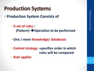 Production Systems
• Production System Consists of
• A set of rules :
(Pattern) Operation to be performed
• One / more Knowledge/ databases
• Control strategy –specifies order in which
rules will be compared
• Rule applier
ARTIFICIAL
INTELLIGENCE
5
 