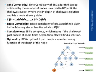 • Time Complexity: Time Complexity of BFS algorithm can be
obtained by the number of nodes traversed in BFS until the
shallowest Node. Where the d= depth of shallowest solution
and b is a node at every state.
• T (b) = 1+b2+b3+.......+ bd= O (bd)
• Space Complexity: Space complexity of BFS algorithm is given
by the Memory size of frontier which is O(bd).
• Completeness: BFS is complete, which means if the shallowest
goal node is at some finite depth, then BFS will find a solution.
• Optimality: BFS is optimal if path cost is a non-decreasing
function of the depth of the node
ARTIFICIAL
INTELLIGENCE
62
 