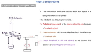2. Cylindrical Configuration (PRP / 2PR)
• This combination allows the robot to reach work space in a
rotary movement like a cylinder
The robot arm has following movements.
1. Rotational movement: of the column about its axis because
of one twisting joint
2. Linear movement: of the assembly along the column because
of one linear joint
3. Linear movement in and out, relative to the column axis
because of one orthogonal jointworkspace
Robot Configurations
 