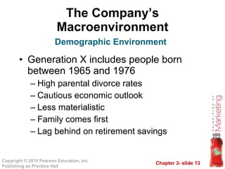 The Company’s Macroenvironment Generation X includes people born between 1965 and 1976 High parental divorce rates Cautious economic outlook Less materialistic Family comes first Lag behind on retirement savings Demographic Environment 