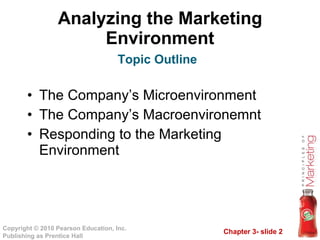 Analyzing the Marketing Environment The Company’s Microenvironment The Company’s Macroenvironemnt Responding to the Marketing Environment Topic Outline 