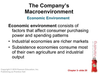 The Company’s Macroenvironment Economic environment  consists of factors that affect consumer purchasing power and spending patterns Industrial economies are richer markets Subsistence economies consume most of their own agriculture and industrial output Economic Environment 
