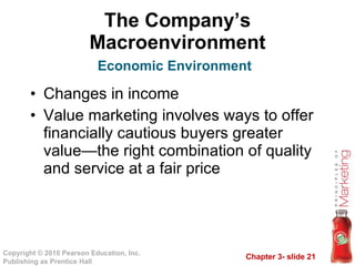 The Company’s Macroenvironment Changes in income Value marketing involves ways to offer financially cautious buyers greater value—the right combination of quality and service at a fair price Economic Environment 