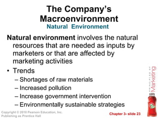The Company’s Macroenvironment Natural environment  involves the natural resources that are needed as inputs by marketers or that are affected by marketing activities Trends Shortages of raw materials Increased pollution Increase government intervention Environmentally sustainable strategies Natural  Environment 