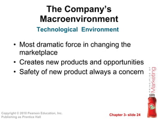 The Company’s Macroenvironment Most dramatic force in changing the marketplace Creates new products and opportunities Safety of new product always a concern Technological  Environment 