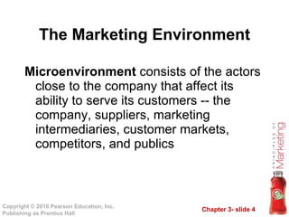 The Marketing Environment Microenvironment  consists of the actors close to the company that affect its ability to serve its customers -- the company, suppliers, marketing intermediaries, customer markets, competitors, and publics 