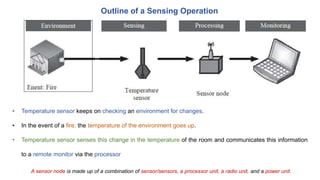 Outline of a Sensing Operation
• Temperature sensor keeps on checking an environment for changes.
• In the event of a fire, the temperature of the environment goes up.
• Temperature sensor senses this change in the temperature of the room and communicates this information
to a remote monitor via the processor
A sensor node is made up of a combination of sensor/sensors, a processor unit, a radio unit, and a power unit.
 
