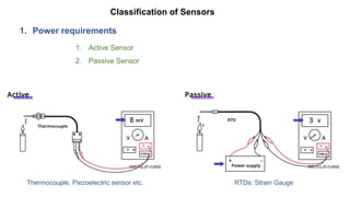 Classification of Sensors
1. Active Sensor
2. Passive Sensor
1. Power requirements
Thermocouple, Piezoelectric sensor etc. RTDs: Strain Gauge
 