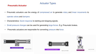 Actuator Types
Pneumatic Actuator
• Pneumatic actuators use the energy of compressed air to generate rotary and linear movements to
operate valves and dampers
• Characteristics: Quick response to starting and stopping signals.
• Small pressure changes can be used for generating large forces. E.g. Pneumatic brakes.
• Pneumatic actuators are responsible for converting pressure into force.
 