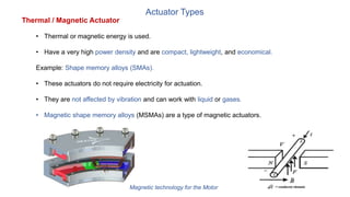 Actuator Types
Thermal / Magnetic Actuator
• Thermal or magnetic energy is used.
• Have a very high power density and are compact, lightweight, and economical.
Example: Shape memory alloys (SMAs).
• These actuators do not require electricity for actuation.
• They are not affected by vibration and can work with liquid or gases.
• Magnetic shape memory alloys (MSMAs) are a type of magnetic actuators.
Magnetic technology for the Motor
 