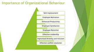 Importance of Organizational Behaviour
Skill Improvement
Employee Motivation
Enhanced Productivity
Employee Satisfaction
Employee Retention
Effective Leadership
Improvised diversity and inclusion
Effective conflict resolution
 