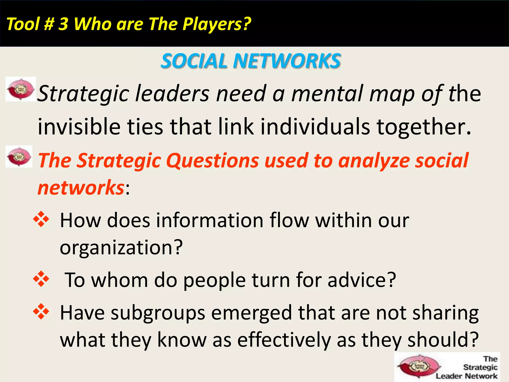 Tool # 3 Who are The Players?
SOCIAL NETWORKS
Strategic leaders need a mental map of the
invisible ties that link individuals together.
The Strategic Questions used to analyze social
networks:
 How does information flow within our
organization?
 To whom do people turn for advice?
 Have subgroups emerged that are not sharing
what they know as effectively as they should?
 