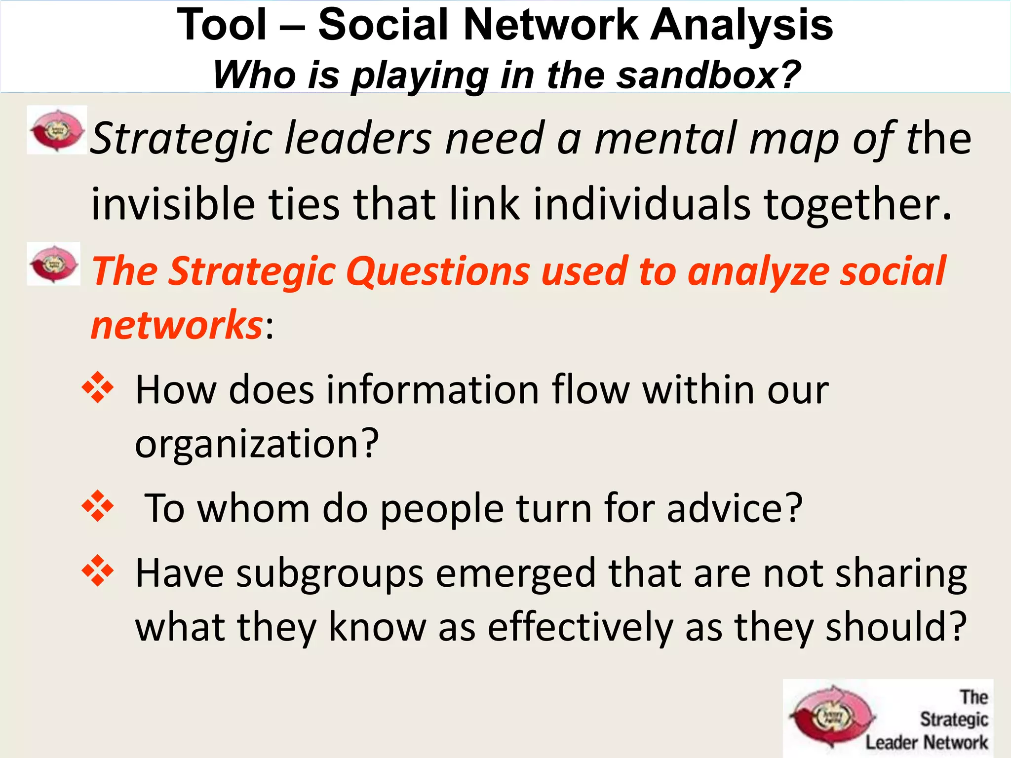 Tool – Social Network Analysis
Who is playing in the sandbox?
Strategic leaders need a mental map of the
invisible ties that link individuals together.
The Strategic Questions used to analyze social
networks:
 How does information flow within our
organization?
 To whom do people turn for advice?
 Have subgroups emerged that are not sharing
what they know as effectively as they should?
 