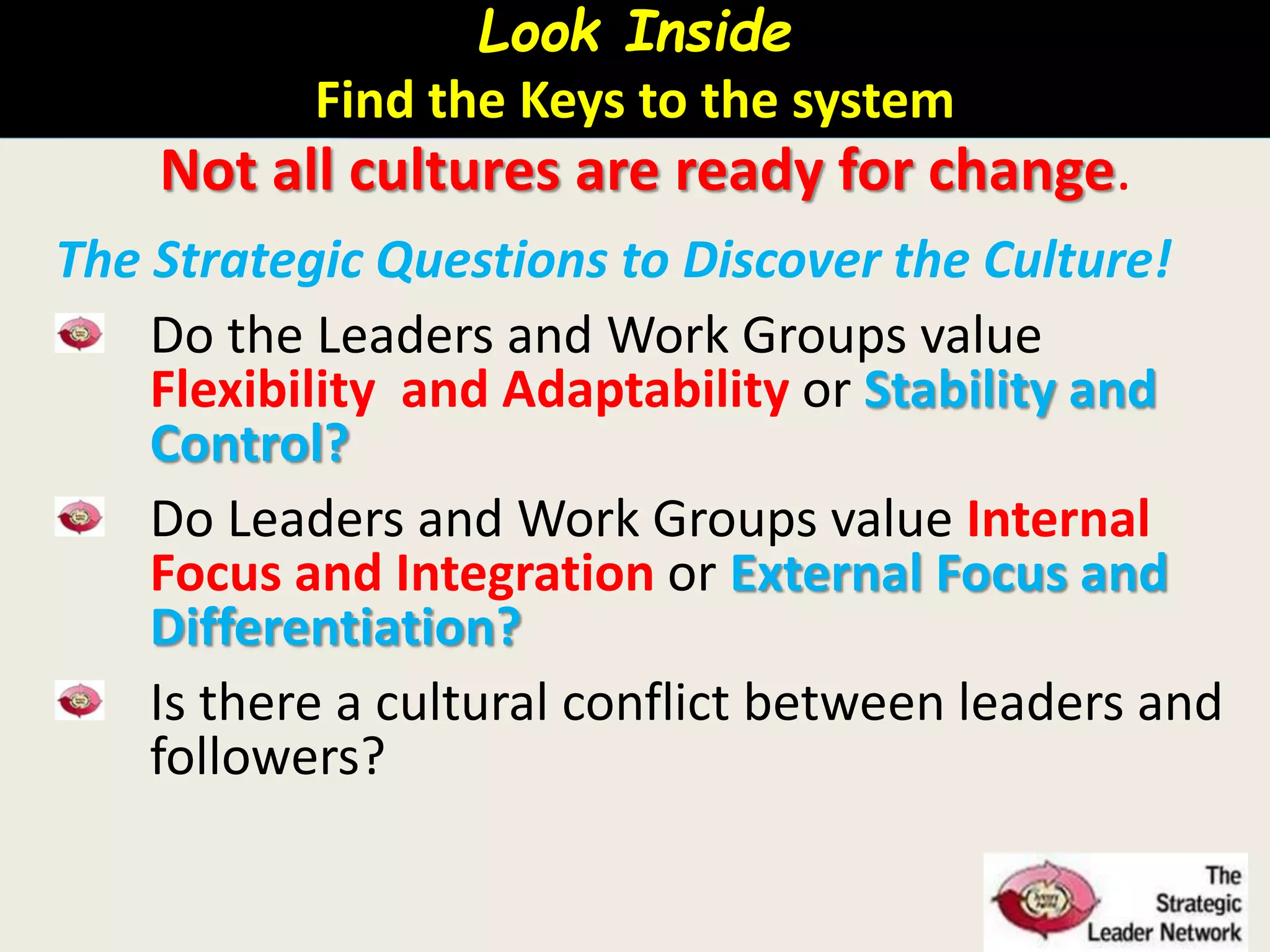 Look Inside
Find the Keys to the system
Not all cultures are ready for change.
The Strategic Questions to Discover the Culture!
Do the Leaders and Work Groups value
Flexibility and Adaptability or Stability and
Control?
Do Leaders and Work Groups value Internal
Focus and Integration or External Focus and
Differentiation?
Is there a cultural conflict between leaders and
followers?
 