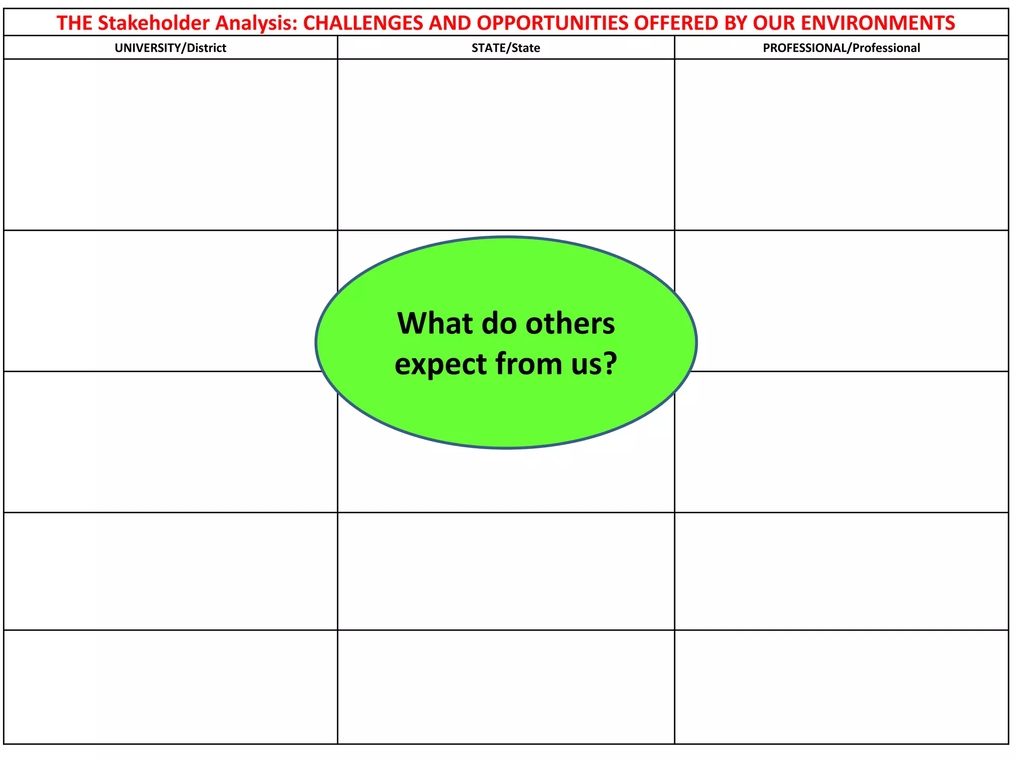 THE Stakeholder Analysis: CHALLENGES AND OPPORTUNITIES OFFERED BY OUR ENVIRONMENTS
UNIVERSITY/District STATE/State PROFESSIONAL/Professional
What do others
expect from us?
 