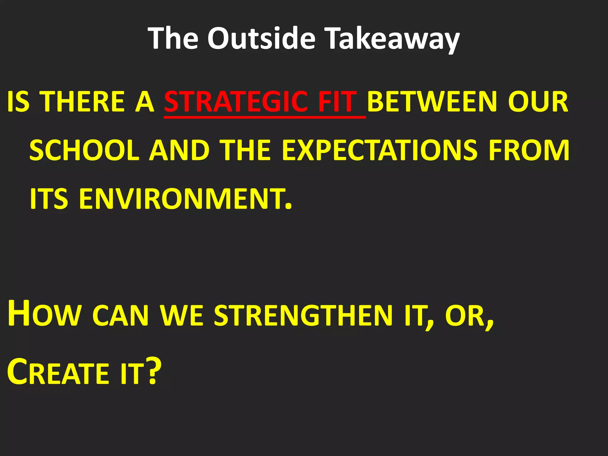The Outside Takeaway
IS THERE A STRATEGIC FIT BETWEEN OUR
SCHOOL AND THE EXPECTATIONS FROM
ITS ENVIRONMENT.
HOW CAN WE STRENGTHEN IT, OR,
CREATE IT?
 