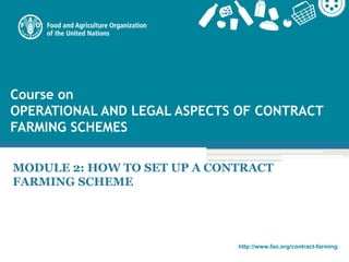 http://www.fao.org/contract-farming
Course on
OPERATIONAL AND LEGAL ASPECTS OF CONTRACT
FARMING SCHEMES
MODULE 2: HOW TO SET UP A CONTRACT
FARMING SCHEME
 