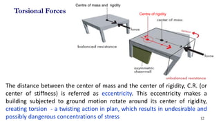 12
Torsional Forces
Centre of mass and rigidity
Centre of rigidity
The distance between the center of mass and the center of rigidity, C.R. (or
center of stiffness) is referred as eccentricity. This eccentricity makes a
building subjected to ground motion rotate around its center of rigidity,
creating torsion - a twisting action in plan, which results in undesirable and
possibly dangerous concentrations of stress
 
