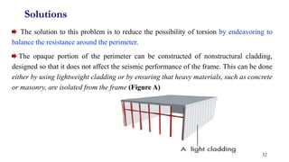 Solutions
The solution to this problem is to reduce the possibility of torsion by endeavoring to
balance the resistance around the perimeter.
The opaque portion of the perimeter can be constructed of nonstructural cladding,
designed so that it does not affect the seismic performance of the frame. This can be done
either by using lightweight cladding or by ensuring that heavy materials, such as concrete
or masonry, are isolated from the frame (Figure A)
32
 