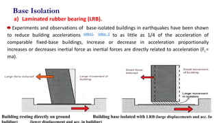 a) Laminated rubber bearing (LRB).
Experiments and observations of base-isolated buildings in earthquakes have been shown
to reduce building accelerations video1, video 2 to as little as 1/4 of the acceleration of
comparable fixed-base buildings, Increase or decrease in acceleration proportionally
increases or decreases inertial force as inertial forces are directly related to acceleration (FI =
ma).
Base Isolation
60
Building resting directly on ground Building base isolated with LRB (large displacements and acc. In
 