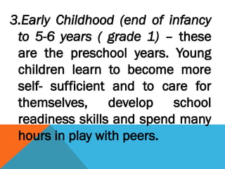 3.Early Childhood (end of infancy
to 5-6 years ( grade 1) – these
are the preschool years. Young
children learn to become more
self- sufficient and to care for
themselves, develop school
readiness skills and spend many
hours in play with peers.
 