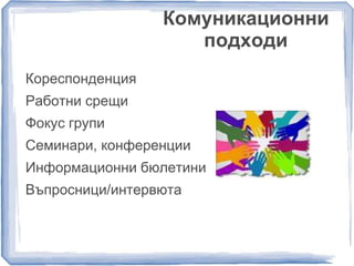 Комуникационни 
подходи 
Кореспонденция 
Работни срещи 
Фокус групи 
Семинари, конференции 
Информационни бюлетини 
Въпросници/интервюта 
 