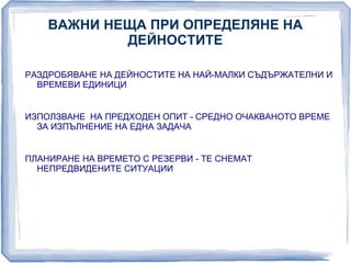 ВАЖНИ НЕЩА ПРИ ОПРЕДЕЛЯНЕ НА 
ДЕЙНОСТИТЕ 
РАЗДРОБЯВАНЕ НА ДЕЙНОСТИТЕ НА НАЙ-МАЛКИ СЪДЪРЖАТЕЛНИ И 
ВРЕМЕВИ ЕДИНИЦИ 
ИЗПОЛЗВАНЕ НА ПРЕДХОДЕН ОПИТ - СРЕДНО ОЧАКВАНОТО ВРЕМЕ 
ЗА ИЗПЪЛНЕНИЕ НА ЕДНА ЗАДАЧА 
ПЛАНИРАНЕ НА ВРЕМЕТО С РЕЗЕРВИ - ТЕ СНЕМАТ 
НЕПРЕДВИДЕНИТЕ СИТУАЦИИ 
 