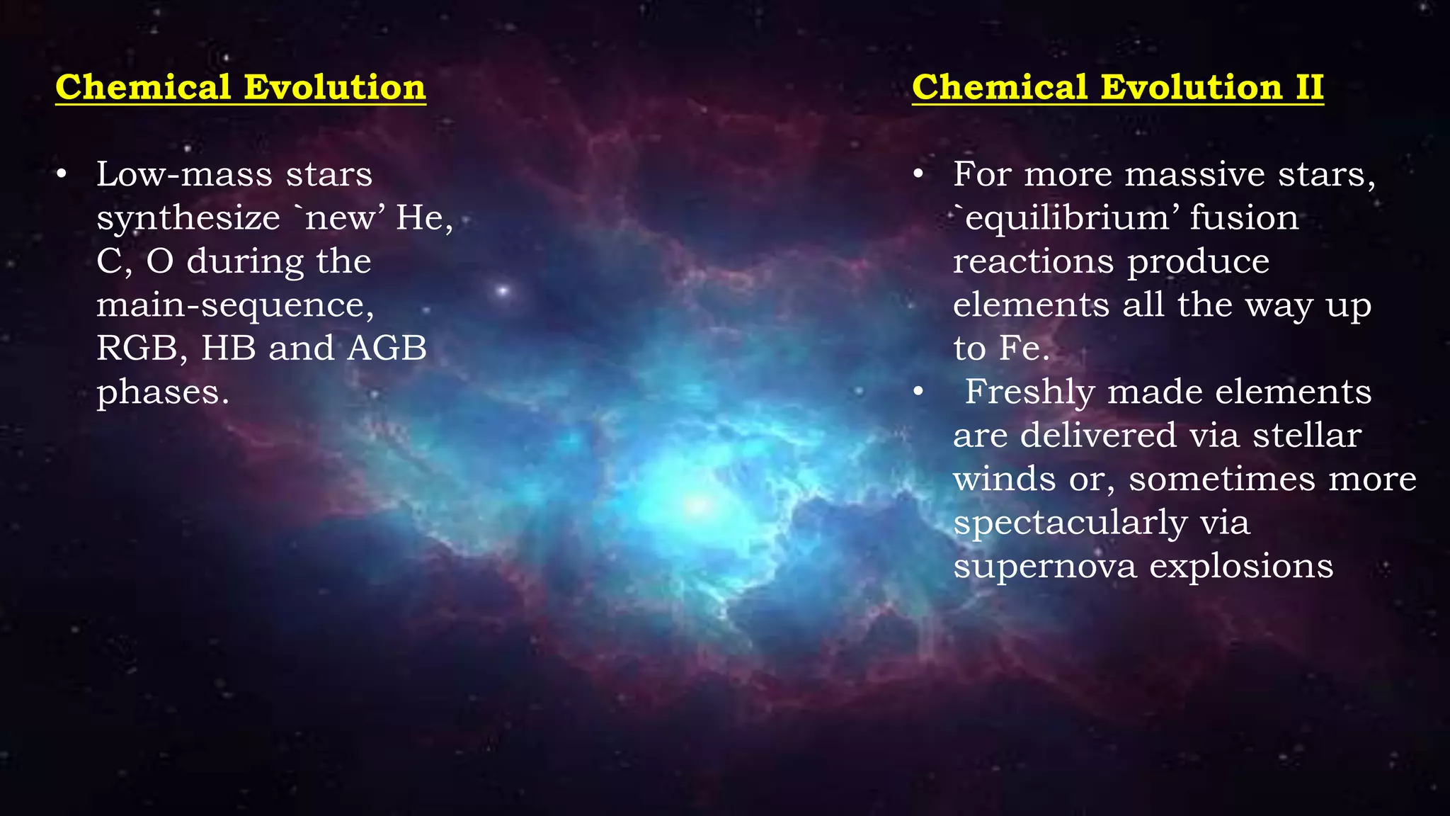 Chemical Evolution
• Low-mass stars
synthesize `new’ He,
C, O during the
main-sequence,
RGB, HB and AGB
phases.
Chemical Evolution II
• For more massive stars,
`equilibrium’ fusion
reactions produce
elements all the way up
to Fe.
• Freshly made elements
are delivered via stellar
winds or, sometimes more
spectacularly via
supernova explosions
 