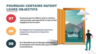 07 Ils pensent que les affaires vont se conclure
sans pression, sans agressivité et sans un fort
engagement de leur part
08
Ils comptent sur les promesses que leurs
contacts leur font sur les chances de
conclusion
09
Ils n’identifient pas les blocages potentiels à
la conclusion et le travail à faire pour les lever
éventuellement
POURQUOI CERTAINS RATENT
LEURS OBJECTIFS
 