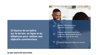 23 façons de se battre
sur le terrain, en ligne et au
téléphone pour réaliser ses
objectifs commerciaux
By H&C EXECUTIVE EDUCATION
Identifier les phases pour
optimiser la conversion
Engager des actions pour faire
progresser les prospects dans le
pipeline et le tunnel de vente
S’assurer de personnaliser les actions
 