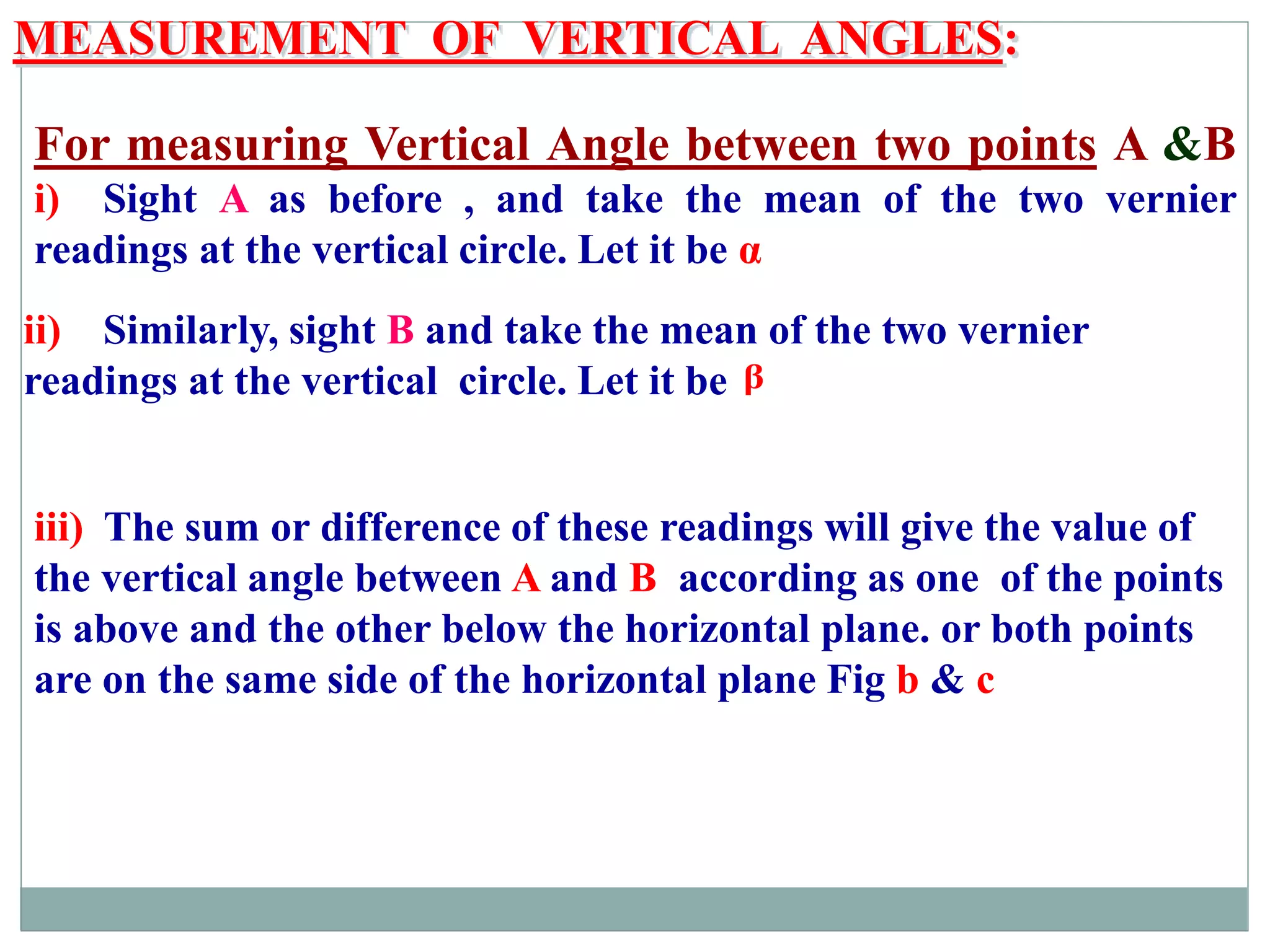MEASUREMENT OF VERTICAL ANGLES:
For measuring Vertical Angle between two points A &B
i) Sight A as before , and take the mean of the two vernier
readings at the vertical circle. Let it be α
ii) Similarly, sight B and take the mean of the two vernier
readings at the vertical circle. Let it be
iii) The sum or difference of these readings will give the value of
the vertical angle between A and B according as one of the points
is above and the other below the horizontal plane. or both points
are on the same side of the horizontal plane Fig b & c
β
 