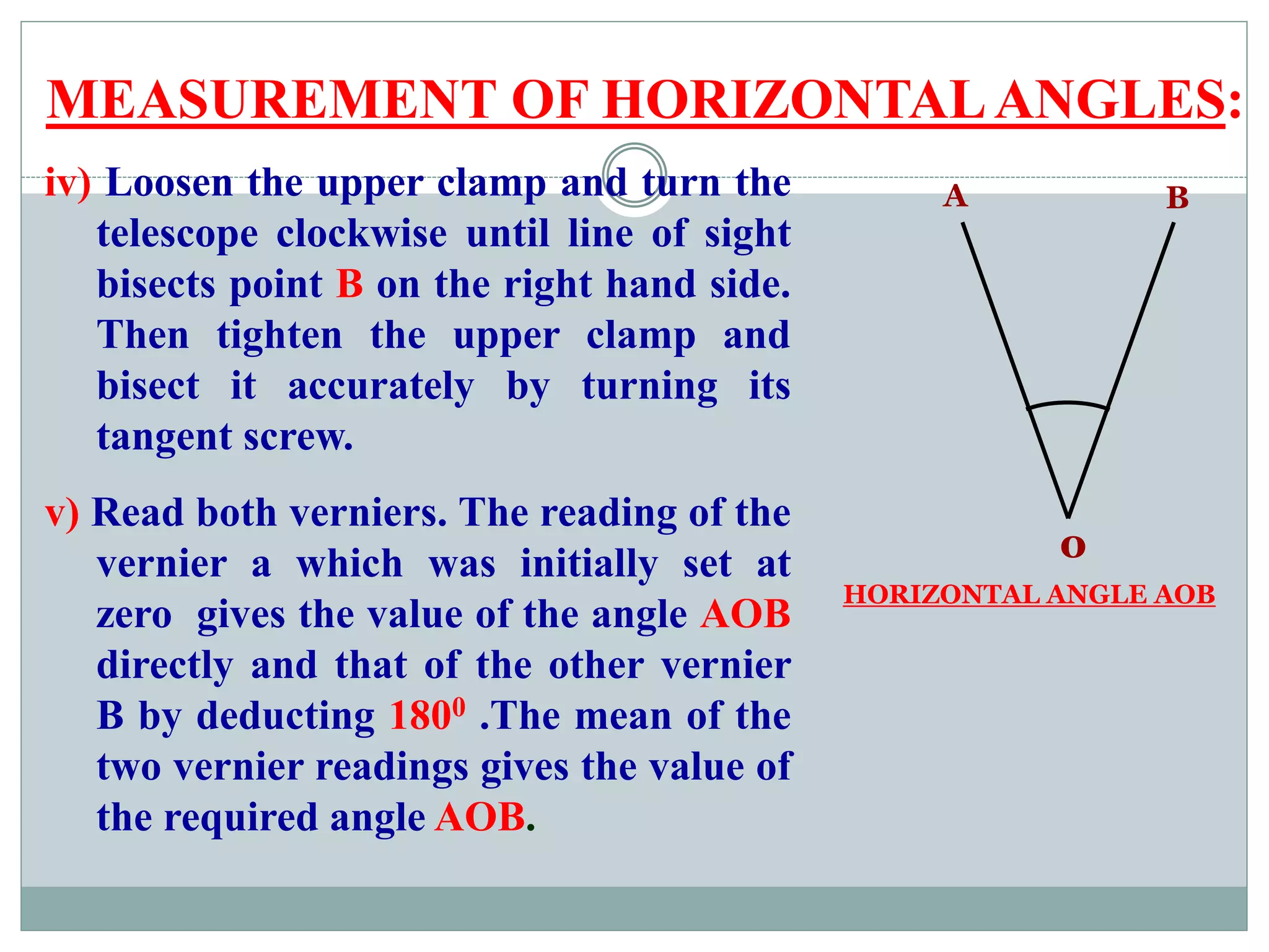 MEASUREMENT OF HORIZONTALANGLES:
iv) Loosen the upper clamp and turn the
telescope clockwise until line of sight
bisects point B on the right hand side.
Then tighten the upper clamp and
bisect it accurately by turning its
tangent screw.
v) Read both verniers. The reading of the
vernier a which was initially set at
zero gives the value of the angle AOB
directly and that of the other vernier
B by deducting 1800 .The mean of the
two vernier readings gives the value of
the required angle AOB.
o
A B
HORIZONTAL ANGLE AOB
 