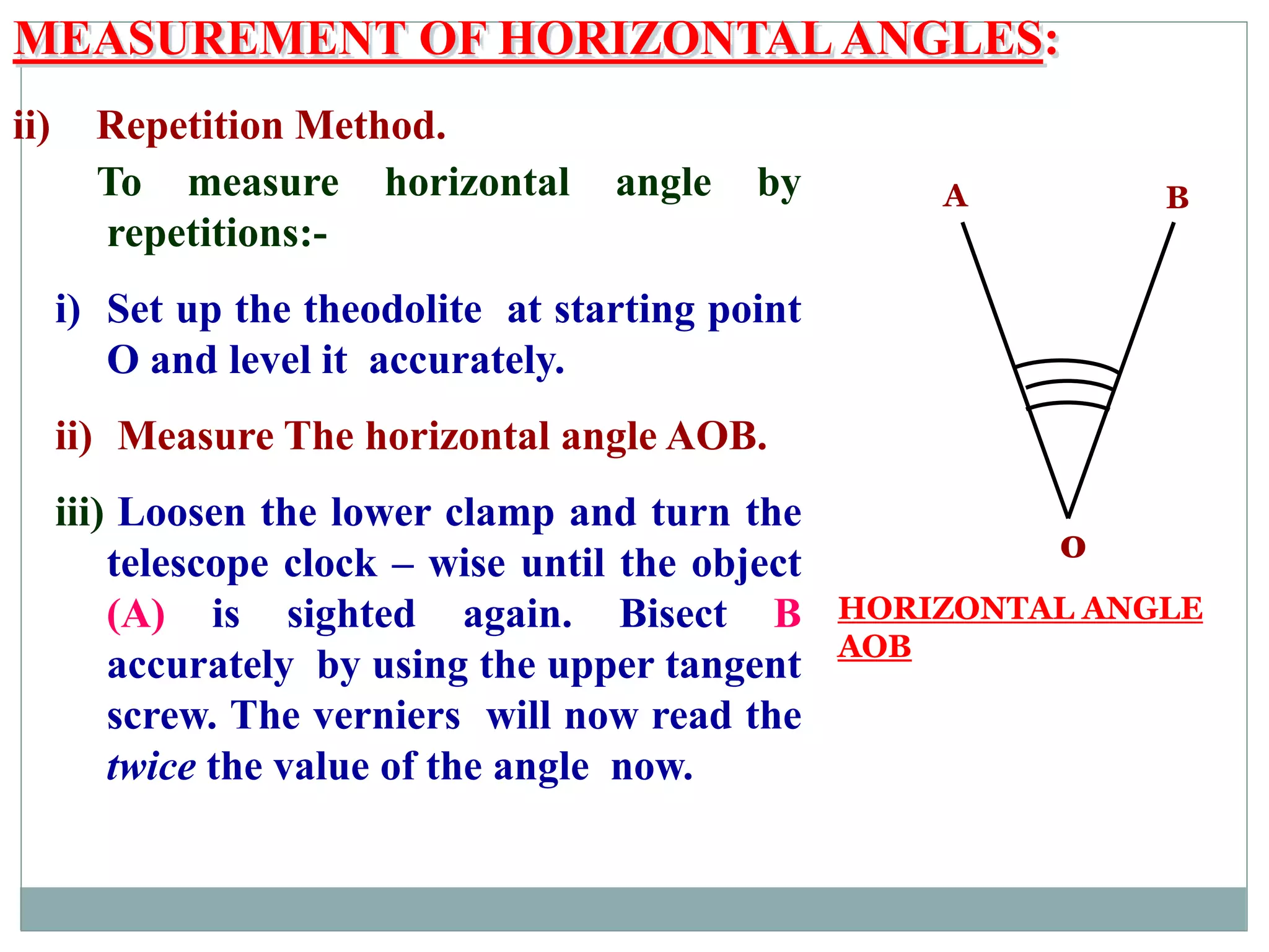 MEASUREMENT OF HORIZONTAL ANGLES:
ii) Repetition Method.
To measure horizontal angle by
repetitions:-
i) Set up the theodolite at starting point
O and level it accurately.
ii) Measure The horizontal angle AOB.
iii) Loosen the lower clamp and turn the
telescope clock – wise until the object
(A) is sighted again. Bisect B
accurately by using the upper tangent
screw. The verniers will now read the
twice the value of the angle now.
o
A B
HORIZONTAL ANGLE
AOB
 