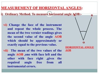 MEASUREMENT OF HORIZONTAL ANGLES:
i) Ordinary Method. To measure horizontal angle AOB:-
vi) Change the face of the instrument
and repeat the whole process. The
mean of the two vernier readings gives
the second value of the angle AOB
which should be approximately or
exactly equal to the previous value.
vii) The mean of the two values of the
angle AOB ,one with face left and the
other with face right ,gives the
required angle free from all
instrumental errors.
o
A B
HORIZONTAL ANGLE
AOB
 