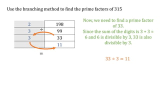 Use the branching method to find the prime factors of 315
2 198
3 99
3 33
11
÷
=
Now, we need to find a prime factor
of 33.
Since the sum of the digits is 3 + 3 =
6 and 6 is divisible by 3, 33 is also
divisible by 3.
33 ÷ 3 = 11
 
