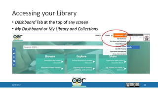 Accessing your Library
• Dashboard Tab at the top of any screen
• My Dashboard or My Library and Collections
10/9/2017 18
 