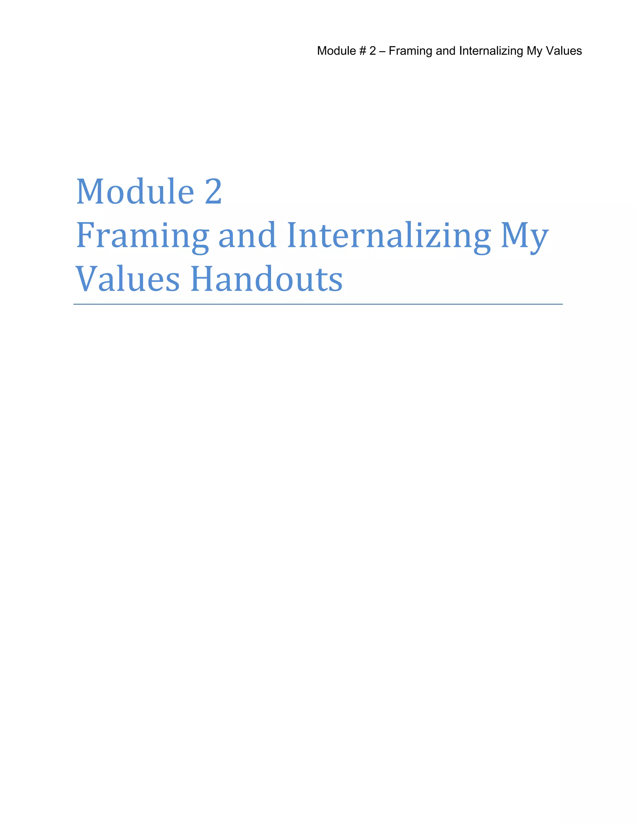 Module # 2 – Framing and Internalizing My Values
Module 2
Framing and Internalizing My
Values Handouts
 