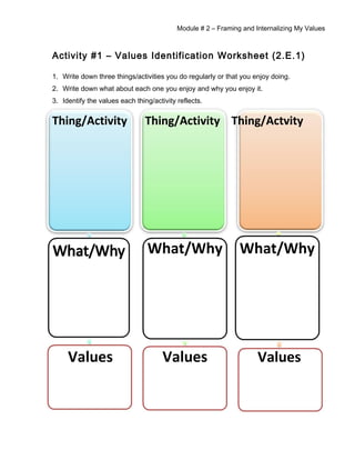 Module # 2 – Framing and Internalizing My Values
Activity #1 – Values Identification Worksheet (2.E.1)
1. Write down three things/activities you do regularly or that you enjoy doing.
2. Write down what about each one you enjoy and why you enjoy it.
3. Identify the values each thing/activity reflects.
Thing/Activity Thing/Activity Thing/Actvity
What/Why What/Why
Values Values Values
 
