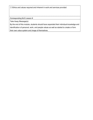  Ethics and values required and inherent in work and services provided
Corresponding NLS Lesson #
Take Away Message(s):
By the end of this module, students should have expanded their individual knowledge and
identification of personal, work, and people values as well as started to create or form
their own value system and image of themselves.
 