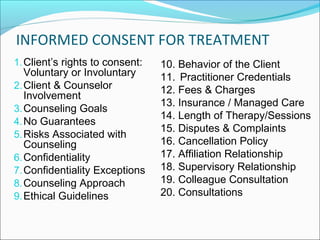 INFORMED CONSENT FOR TREATMENT
1. Client’s rights to consent:   10. Behavior of the Client
   Voluntary or Involuntary      11. Practitioner Credentials
2. Client & Counselor            12. Fees & Charges
   Involvement
                                 13. Insurance / Managed Care
3. Counseling Goals
                                 14. Length of Therapy/Sessions
4. No Guarantees
                                 15. Disputes & Complaints
5. Risks Associated with
   Counseling                    16. Cancellation Policy
6. Confidentiality               17. Affiliation Relationship
7. Confidentiality Exceptions    18. Supervisory Relationship
8. Counseling Approach           19. Colleague Consultation
9. Ethical Guidelines            20. Consultations
 