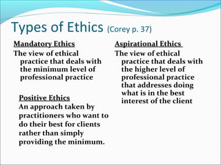 Types of Ethics (Corey p. 37)
Mandatory Ethics             Aspirational Ethics
The view of ethical          The view of ethical
 practice that deals with     practice that deals with
 the minimum level of         the higher level of
 professional practice        professional practice
                              that addresses doing
                              what is in the best
 Positive Ethics              interest of the client
 An approach taken by
 practitioners who want to
 do their best for clients
 rather than simply
 providing the minimum.
 