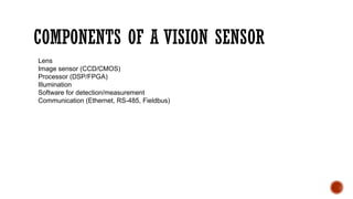 COMPONENTS OF A VISION SENSOR
Lens
Image sensor (CCD/CMOS)
Processor (DSP/FPGA)
Illumination
Software for detection/measurement
Communication (Ethernet, RS-485, Fieldbus)
 