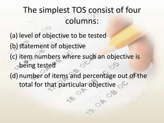 The simplest TOS consist of four
               columns:
(a) level of objective to be tested
(b) statement of objective
(c) item numbers where such an objective is
    being tested
(d) number of items and percentage out of the
    total for that particular objective
 