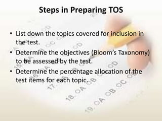 Steps in Preparing TOS

• List down the topics covered for inclusion in
  the test.
• Determine the objectives (Bloom’s Taxonomy)
  to be assessed by the test.
• Determine the percentage allocation of the
  test items for each topic.
 