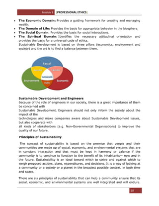 Module 3 [PROFESSIONAL ETHICS]
10
The Economic Domain: Provides a guiding framework for creating and managing
wealth.
The Domain of Life: Provides the basis for appropriate behavior in the biosphere.
The Social Domain: Provides the basis for social interactions.
The Spiritual Domain: Identifies the necessary attitudinal orientation and
provides the basis for a universal code of ethics.
Sustainable Development is based on three pillars (economics, environment and
society) and the art is to find a balance between them.
Sustainable Development and Engineers
Because of the role of engineers in our society, there is a great importance of them
be concerned with
Sustainable Development. Engineers should not only inform the society about the
impact of the
technologies and make companies aware about Sustainable Development issues,
but also cooperate with
all kinds of stakeholders (e.g. Non-Governmental Organisations) to improve the
quality of our future.
Principles of Sustainability
The concept of sustainability is based on the premise that people and their
communities are made up of social, economic, and environmental systems that are
in constant interaction and that must be kept in harmony or balance if the
community is to continue to function to the benefit of its inhabitants— now and in
the future. Sustainability is an ideal toward which to strive and against which to
weigh proposed actions, plans, expenditures, and decisions. It is a way of looking at
a community or a society or a planet in the broadest possible context, in both time
and space.
There are six principles of sustainability that can help a community ensure that its
social, economic, and environmental systems are well integrated and will endure.
 