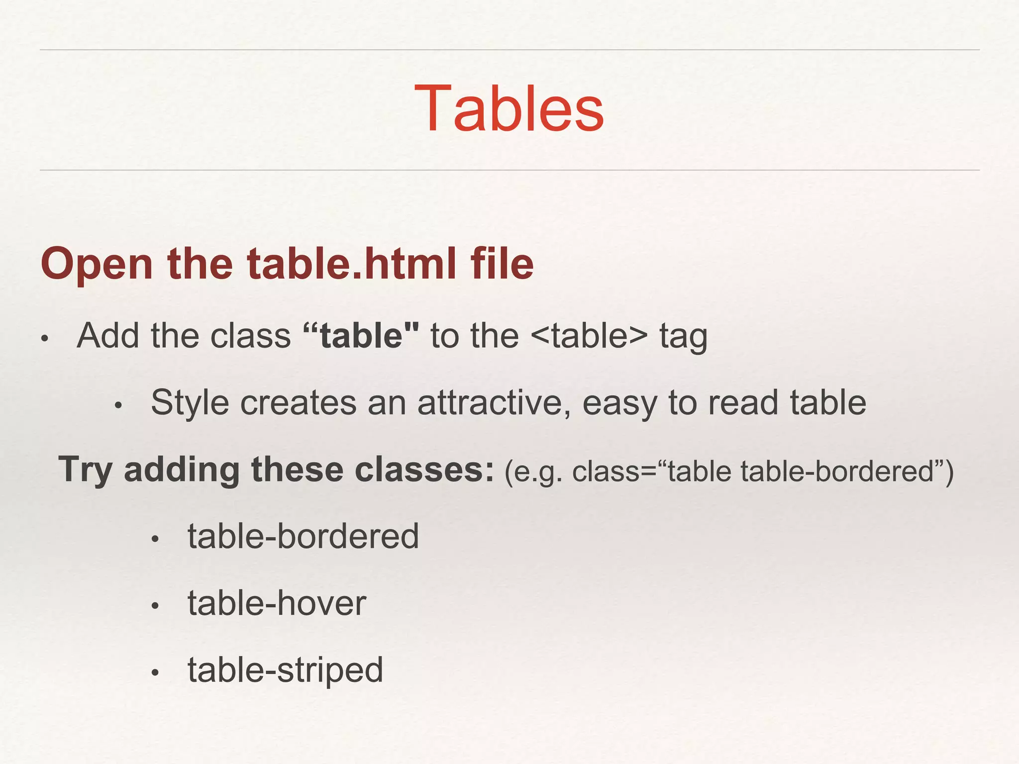 Tables
Open the table.html file
• Add the class “table" to the <table> tag
• Style creates an attractive, easy to read table
Try adding these classes: (e.g. class=“table table-bordered”)
• table-bordered
• table-hover
• table-striped
 