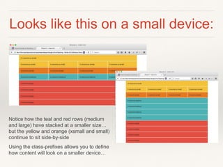 Looks like this on a small device:
Notice how the teal and red rows (medium
and large) have stacked at a smaller size…
but the yellow and orange (xsmall and small)
continue to sit side-by-side
Using the class-prefixes allows you to define
how content will look on a smaller device…
 